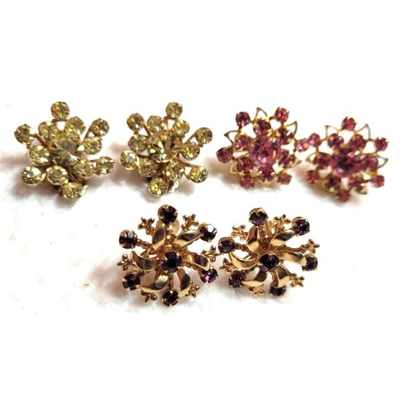 Vintage Rhinestone Earrings Lot Clip-On Screw Back Riveted Floral 50s 60s Estate - Picture 1 of 5